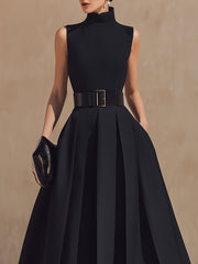Belted High-Neck Pleated Maxi Dress