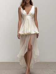 Romantic High Low Hem Satin Chiffon Dress