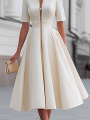 Short Sleeve Zip-Front Fit And Flare Midi Dress