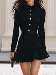 Elegant Black Knitted Mini Skirt With Gold Buckle Detail