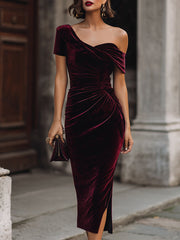 Midnight Asymmetrical Velvet Midi Dress