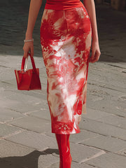 Elegant Red Satin Floral Midi Skirt Set