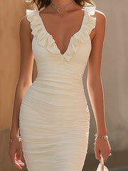 Elegant Cream Ruffle V Neck Ruched Midi Dress