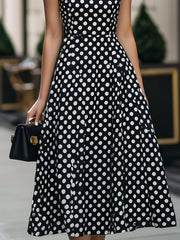 Black & White Polka Dot Square Neck Sleeveless Fit-and-Flare Midi Dress