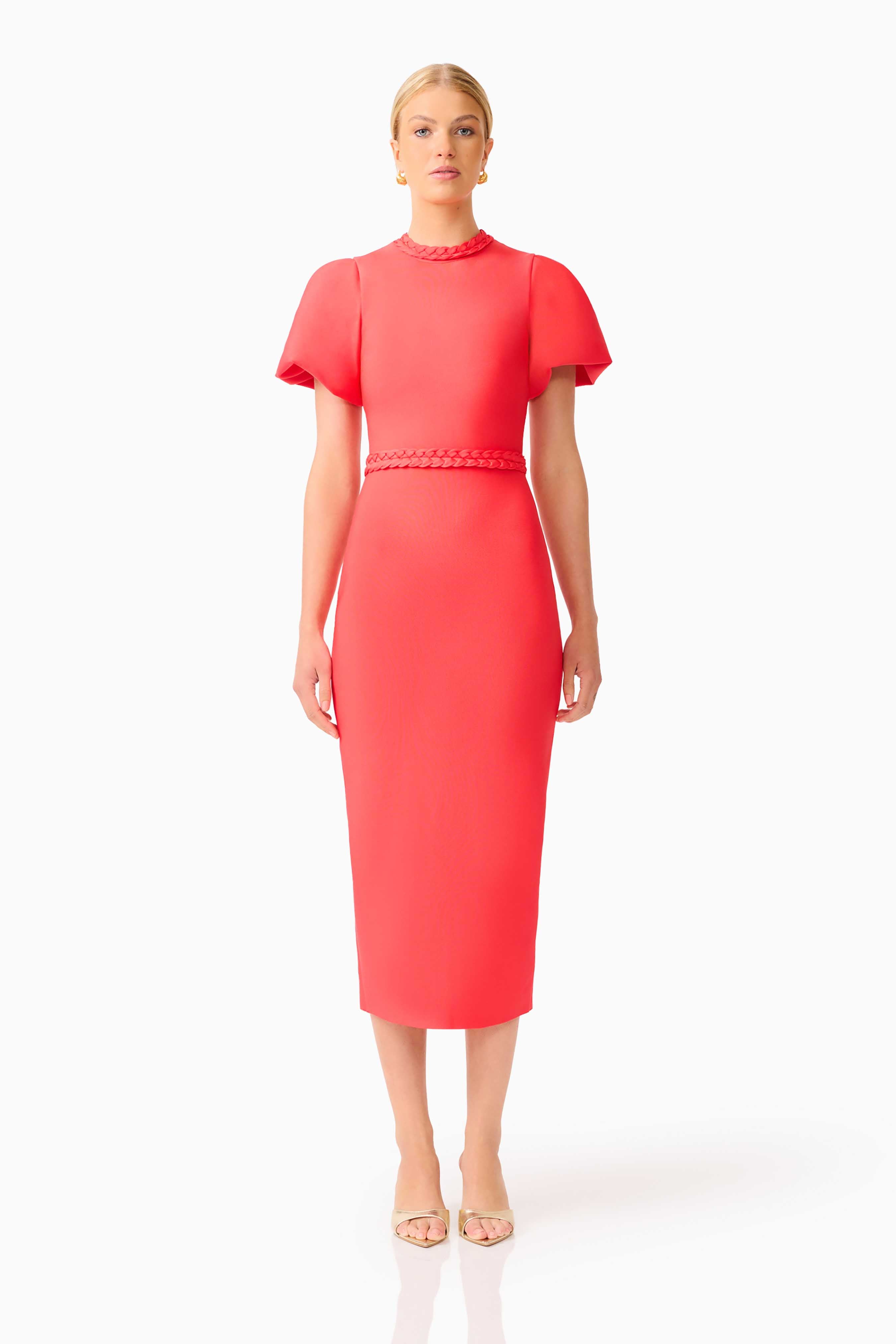 Coralene Chic Puff Sleeve Midi Dress in Fire Red