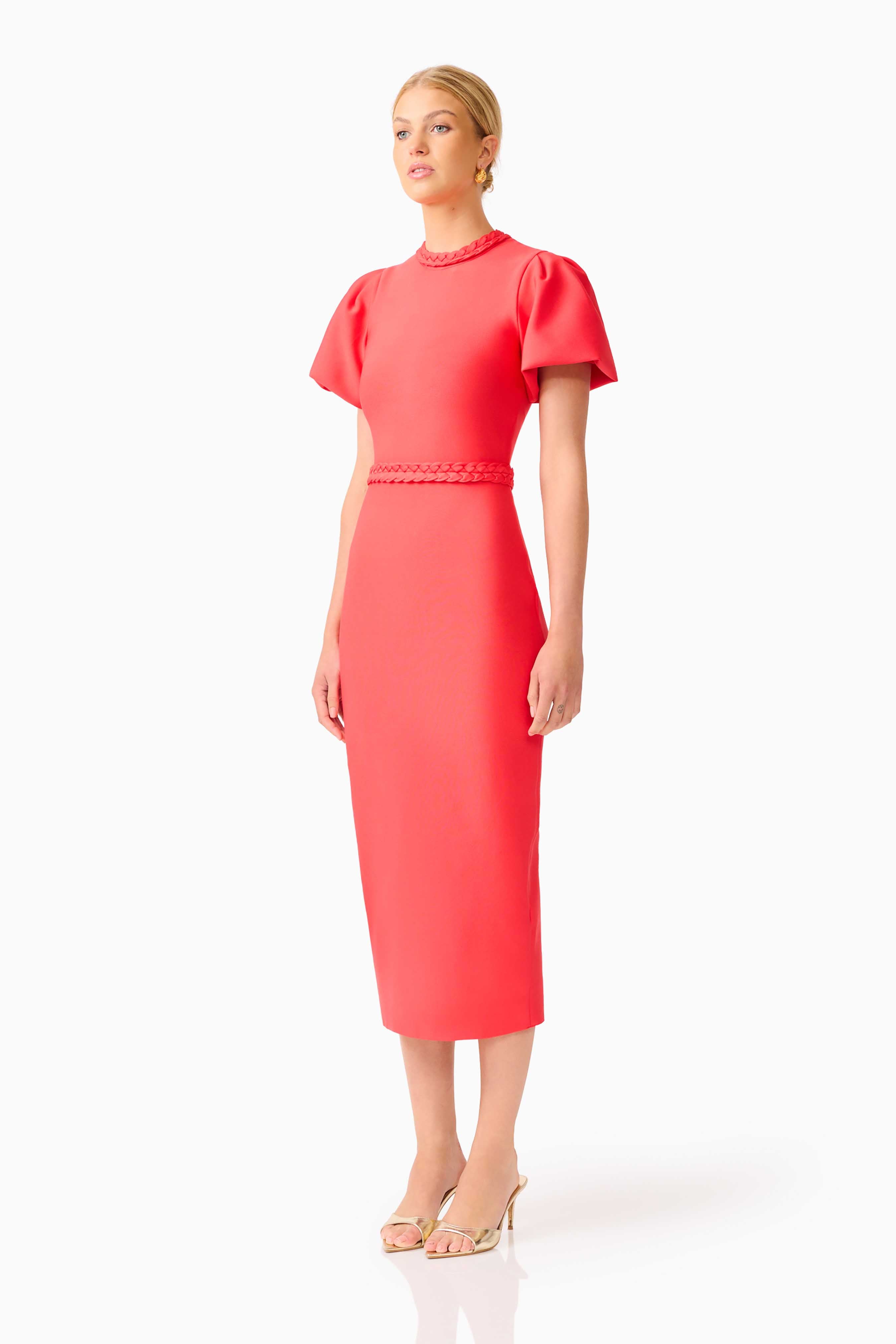 Coralene Chic Puff Sleeve Midi Dress in Fire Red