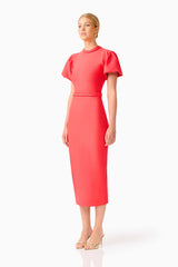 Coralene Chic Puff Sleeve Midi Dress in Fire Red