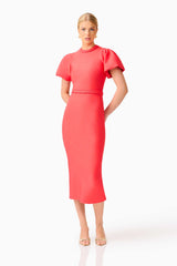 Coralene Chic Puff Sleeve Midi Dress in Fire Red
