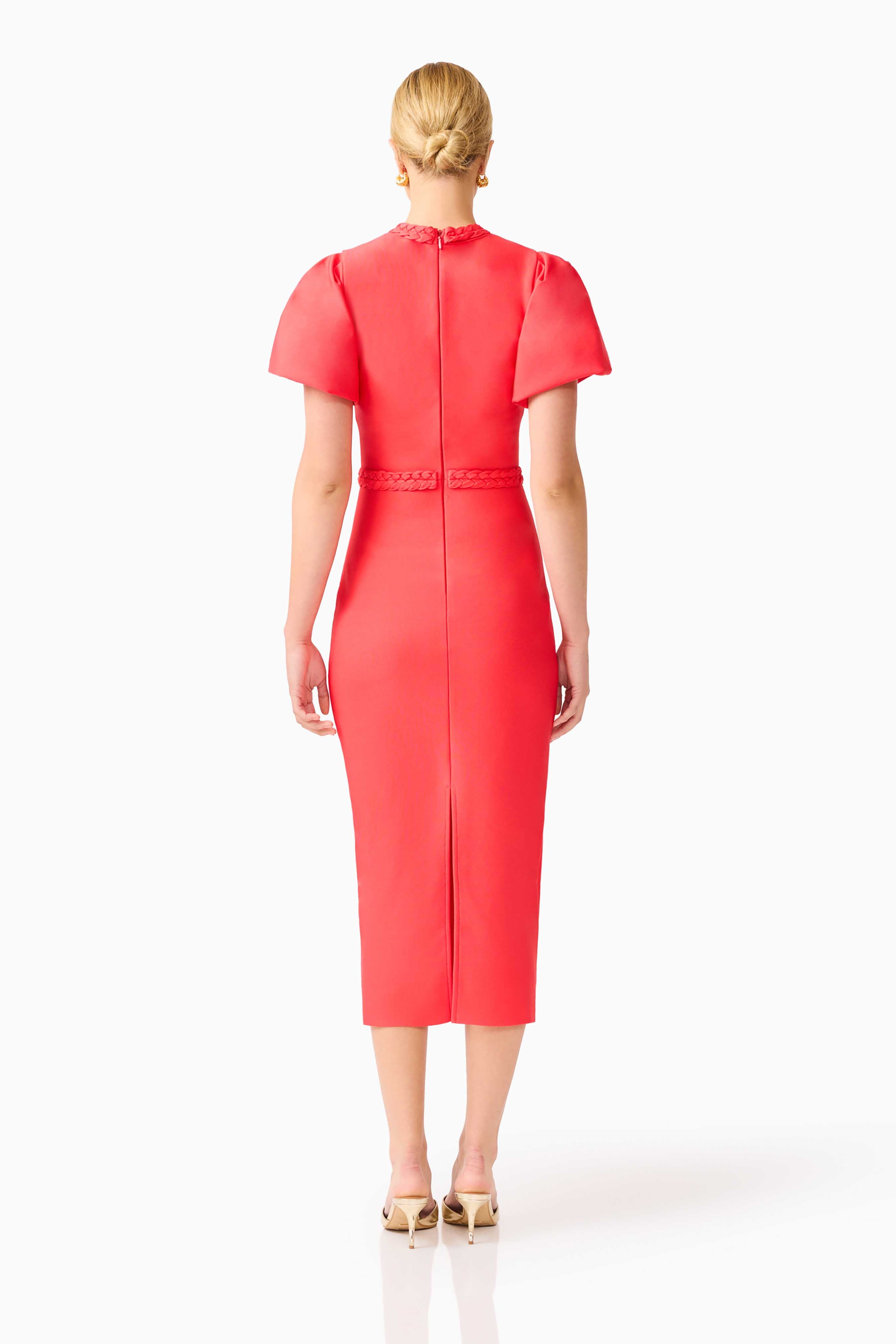 Coralene Chic Puff Sleeve Midi Dress in Fire Red