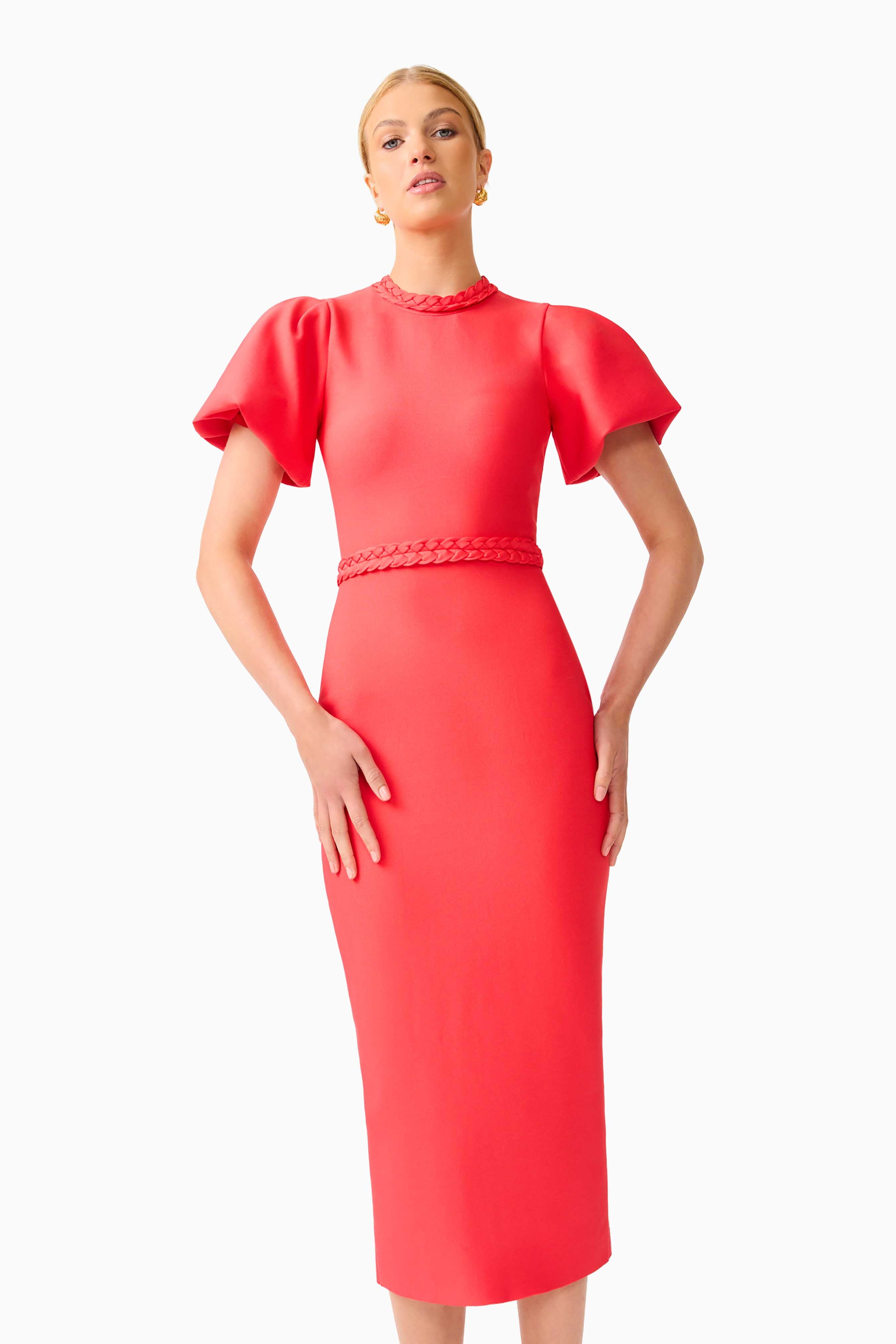 Coralene Chic Puff Sleeve Midi Dress in Fire Red