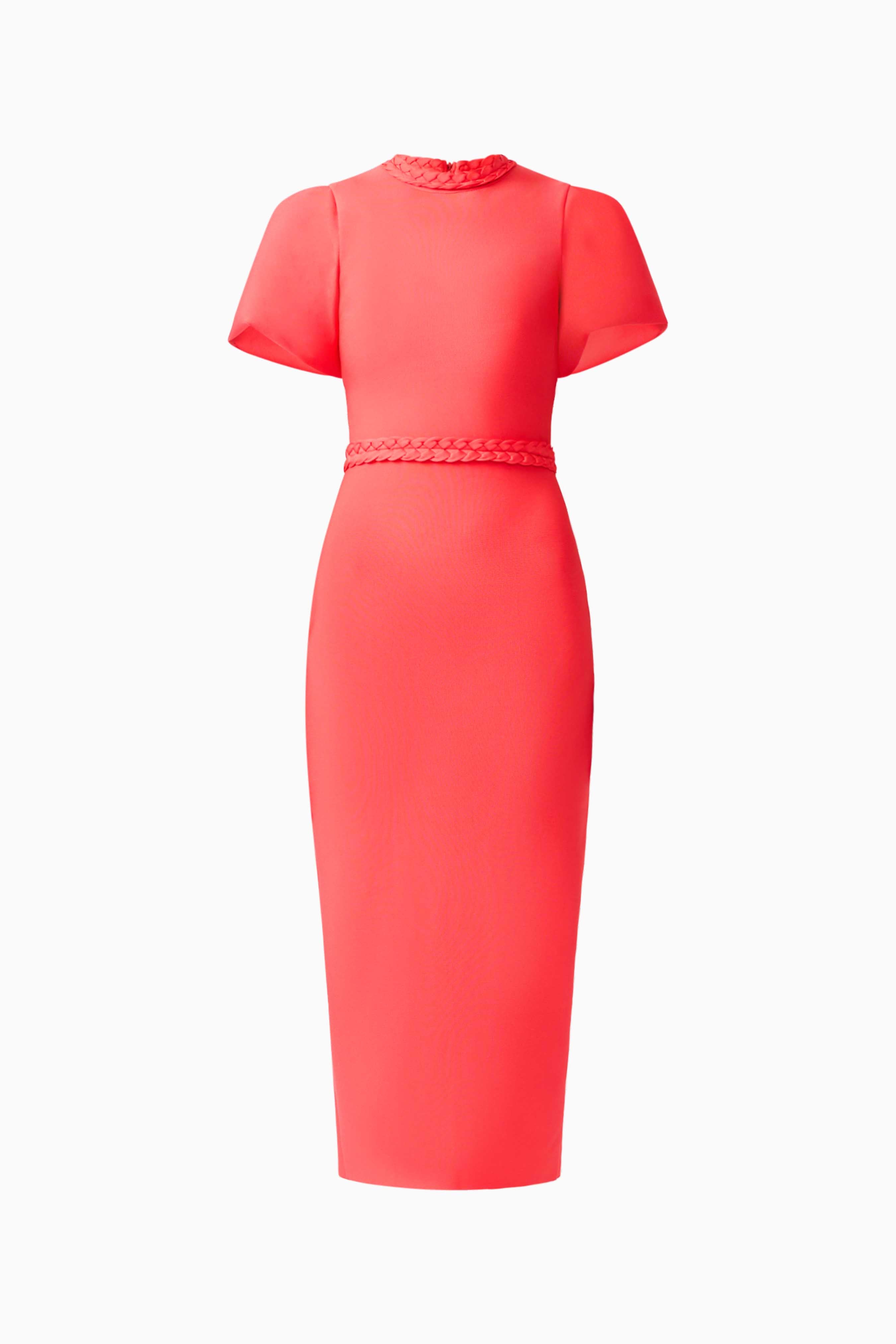 Coralene Chic Puff Sleeve Midi Dress in Fire Red