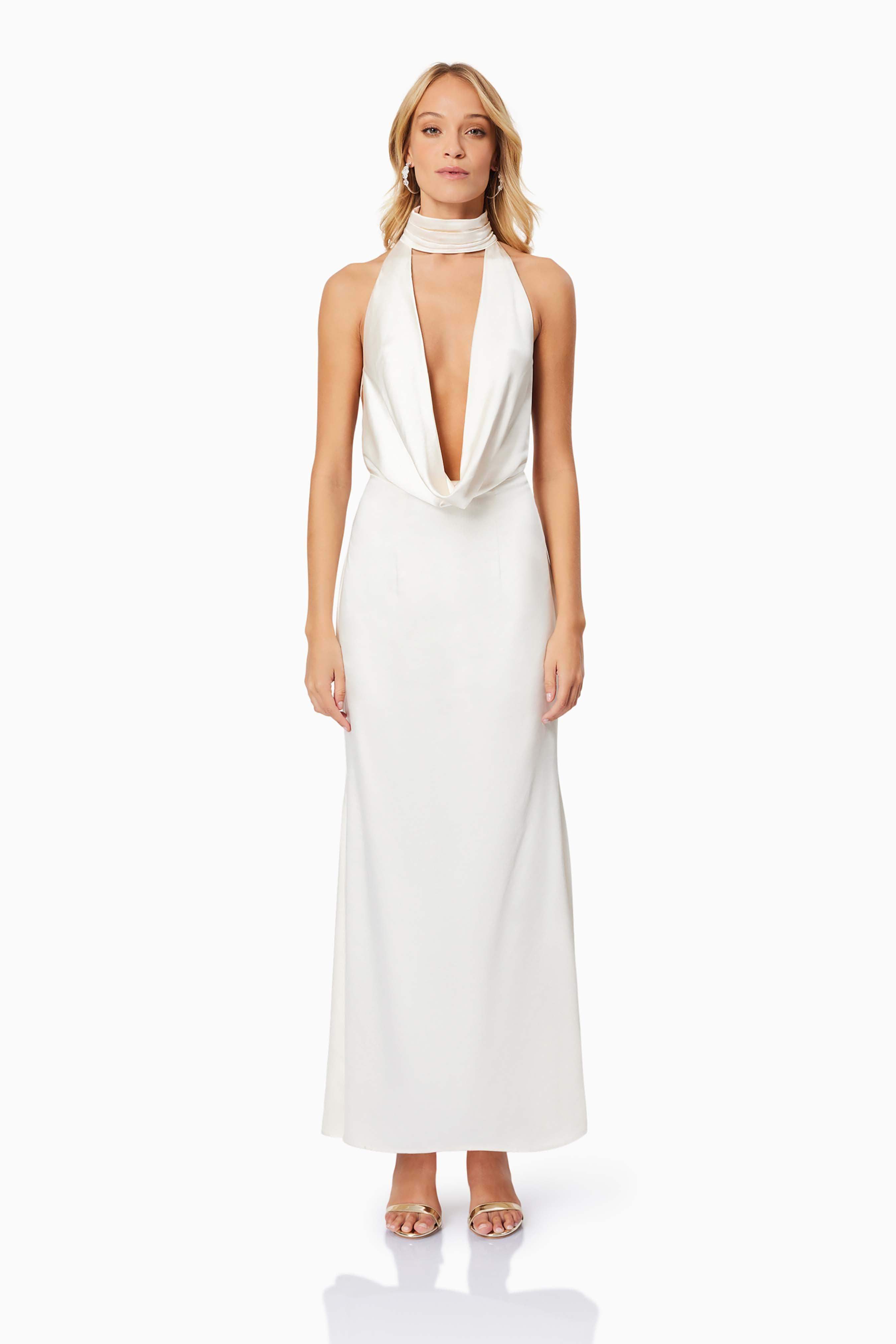Faith Chic Deep V Maxi Dress in Pearl White
