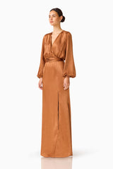 Kai Wrap Long Sleeve Maxi Dress in Mocha Brown
