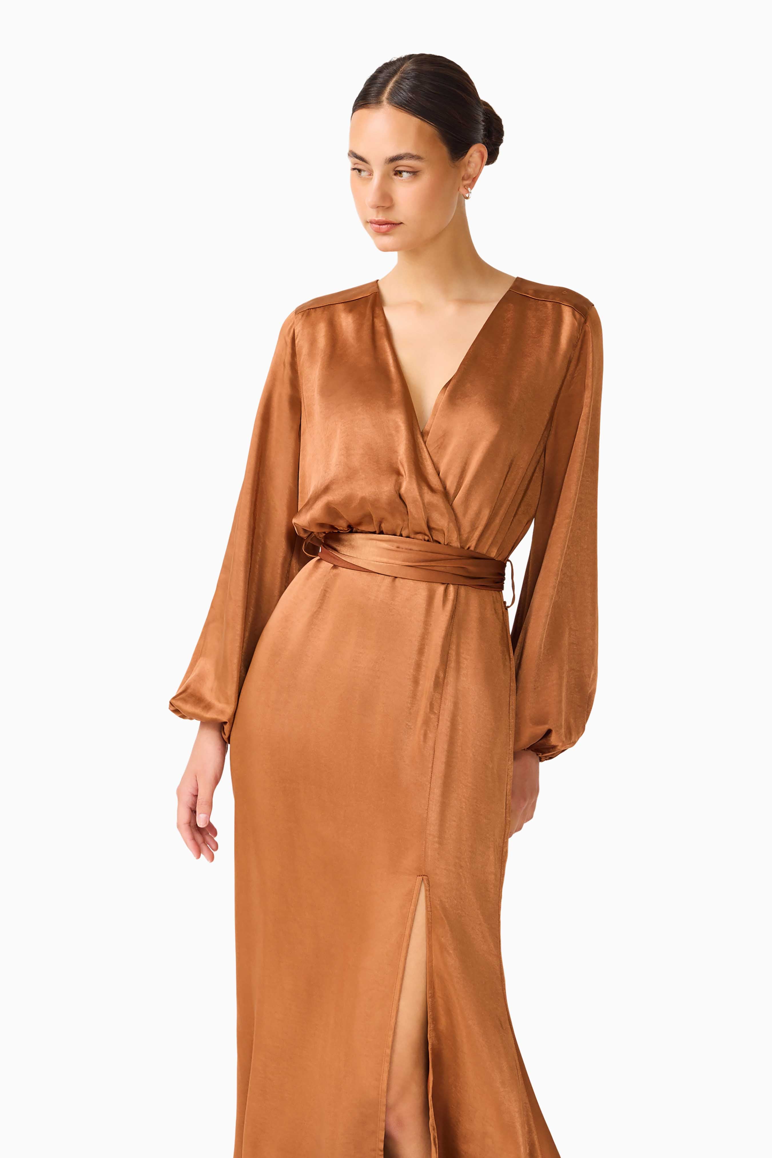 Kai Wrap Long Sleeve Maxi Dress in Mocha Brown