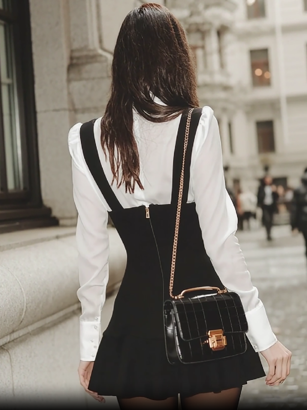 Black Suspender Skirt And White Shirt Suit Set With Bow Detail