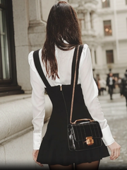 Black Suspender Skirt And White Shirt Suit Set With Bow Detail