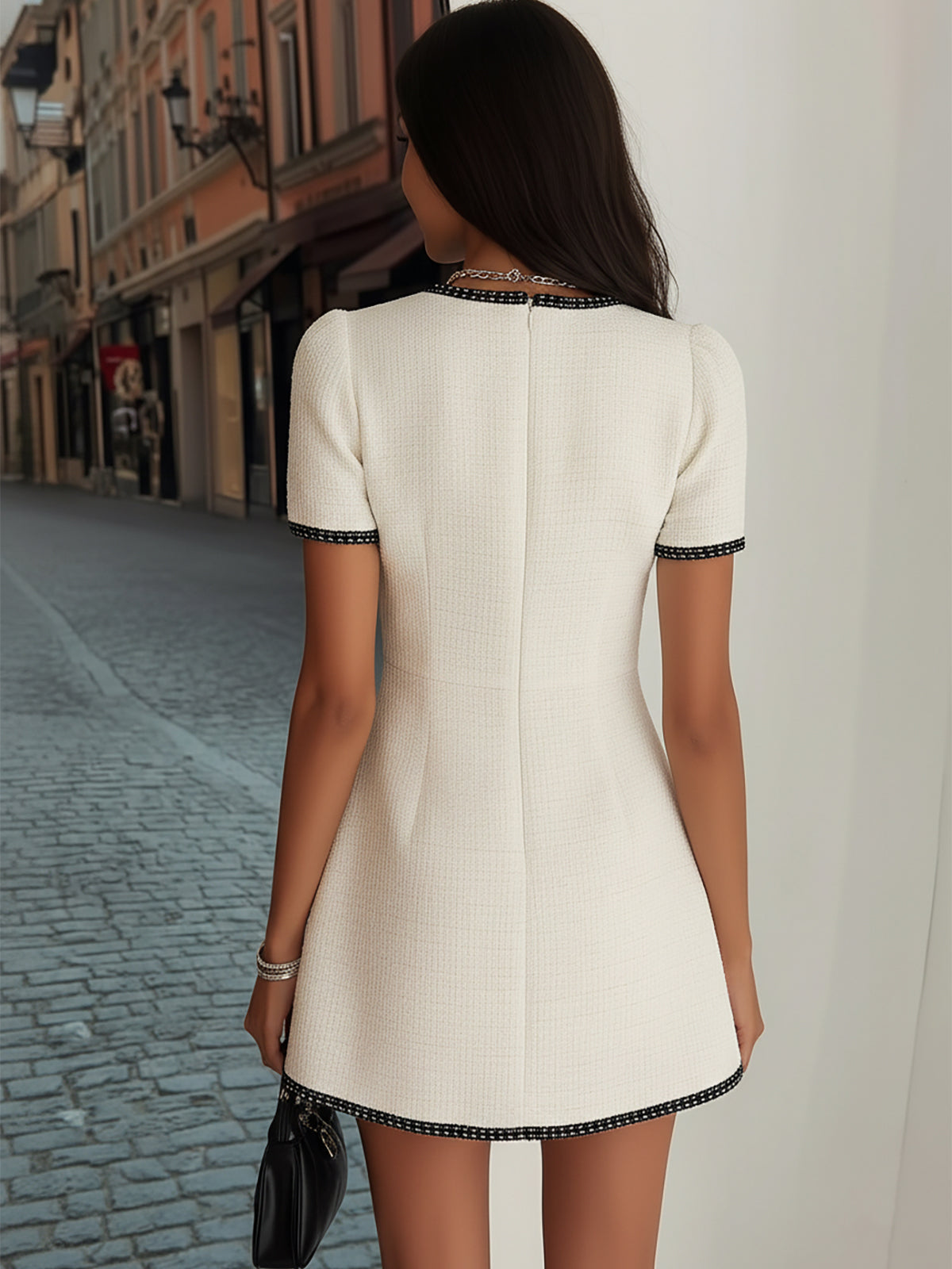 Chic Cream Tweed Dress With Black Trim