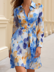 Blue And Yellow Watercolor Print Shirt Dress