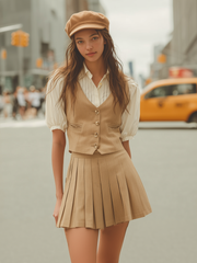 Preppy Style Puff Sleeve Shirt And Pleated Skirt Set