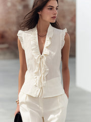 Cream Linen Blend Ruffle Top
