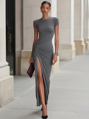 Grey Ruched Side Slit Maxi Dress