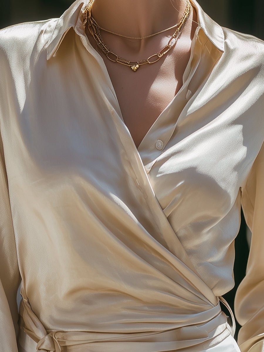 Signature Beige Satin Wrap Blouse