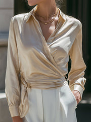 Signature Beige Satin Wrap Blouse