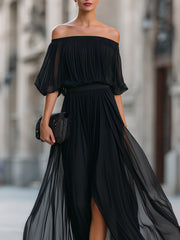 Off-Shoulder Pleated Chiffon Maxi Dress