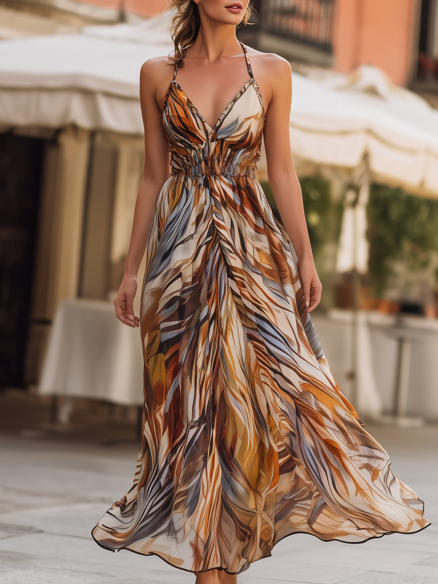 Halter V-Neck Printed Chiffon Maxi Dress