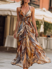 Halter V-Neck Printed Chiffon Maxi Dress