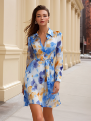 Blue And Yellow Watercolor Print Shirt Dress