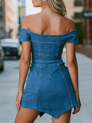 Off-Shoulder Denim Wrap Mini Dress With Button Detail