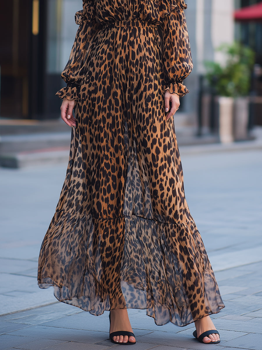Elegant Leopard Print Off-Shoulder Chiffon Maxi Dress