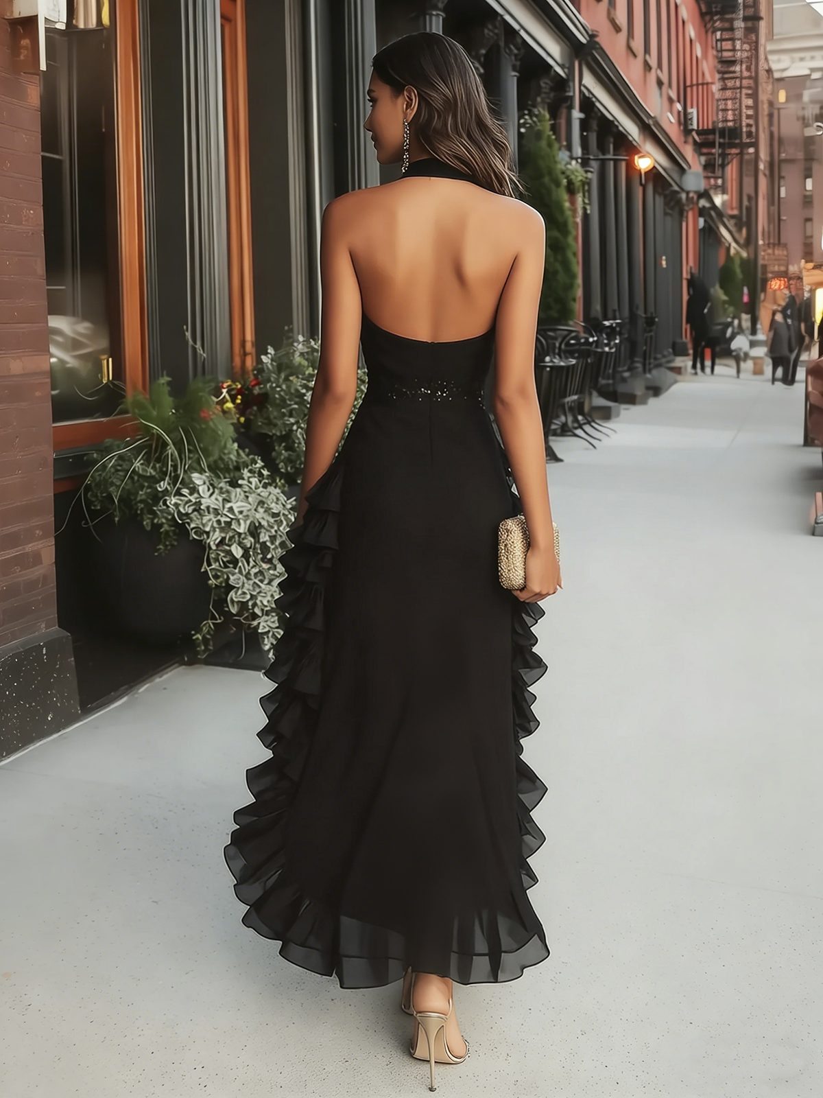 Black Halter Neck Ruffled High Low Dress