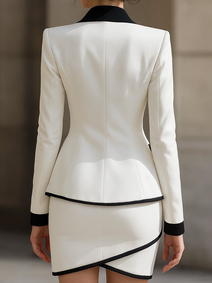 Chic Contrast Trim Tuxedo Blazer and Skirt