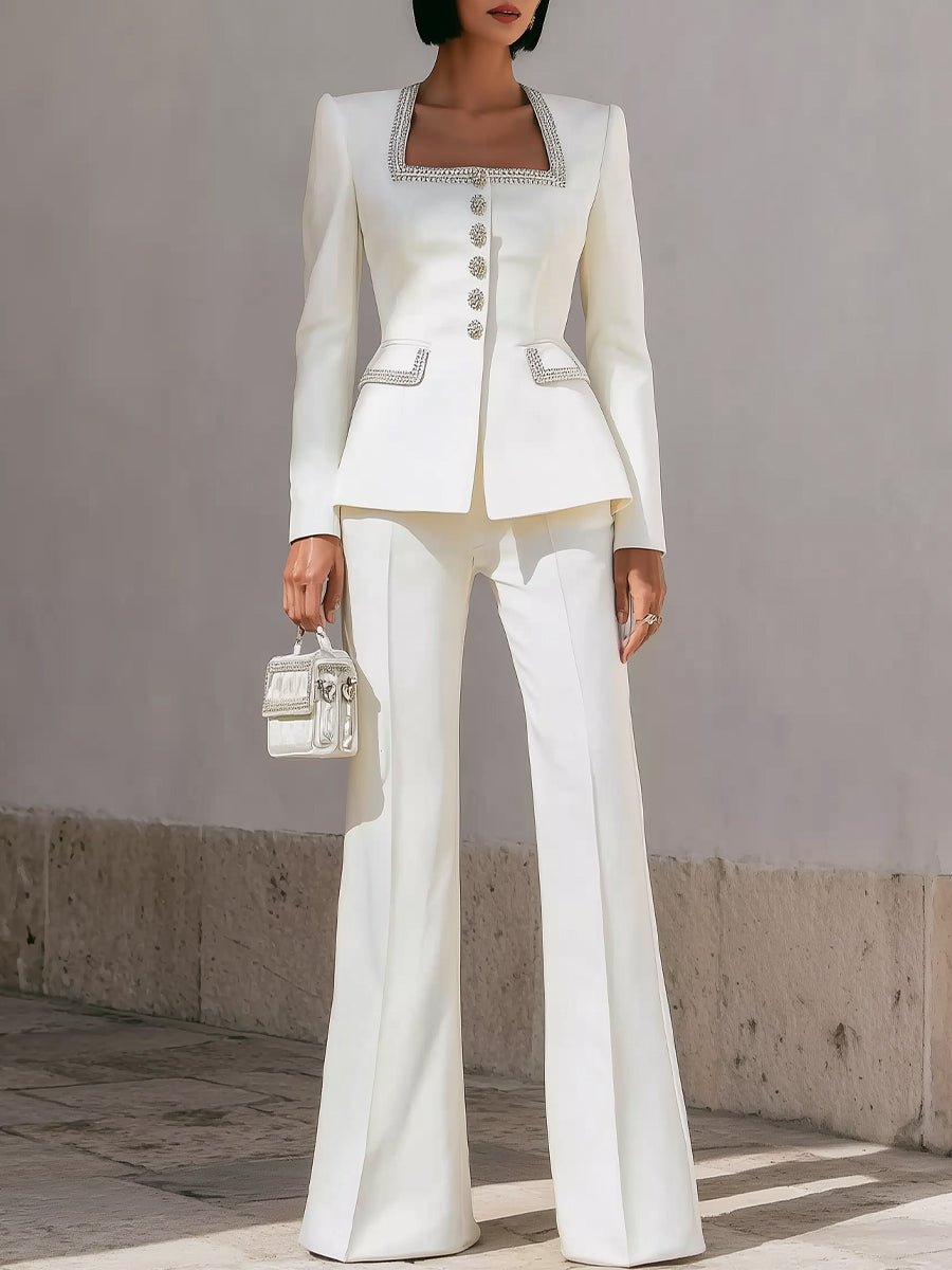 Chic White Structured Suit with Embellished Trim