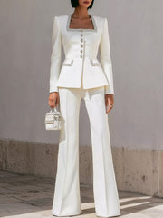 Chic White Structured Suit with Embellished Trim