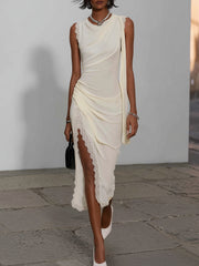 Cream Chiffon Lace Trim Midi Dress
