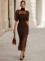 Chocolate Brown Tulle Sleeve Midi Dress