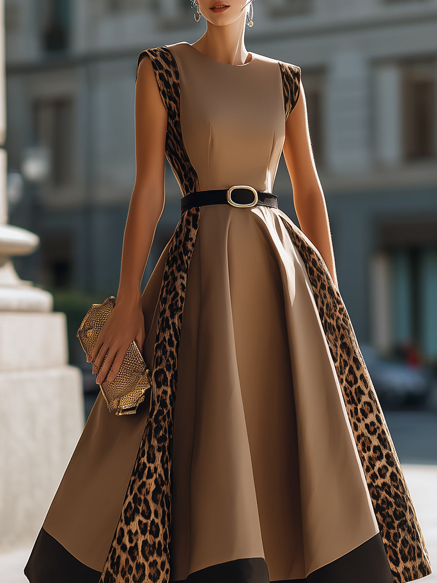 Leopard Panel Belted A-Line Maxi Dress