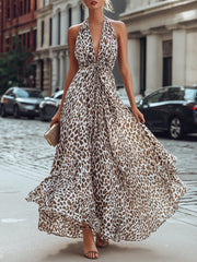 Leopard Print Halter Neck Flowing Maxi Dress
