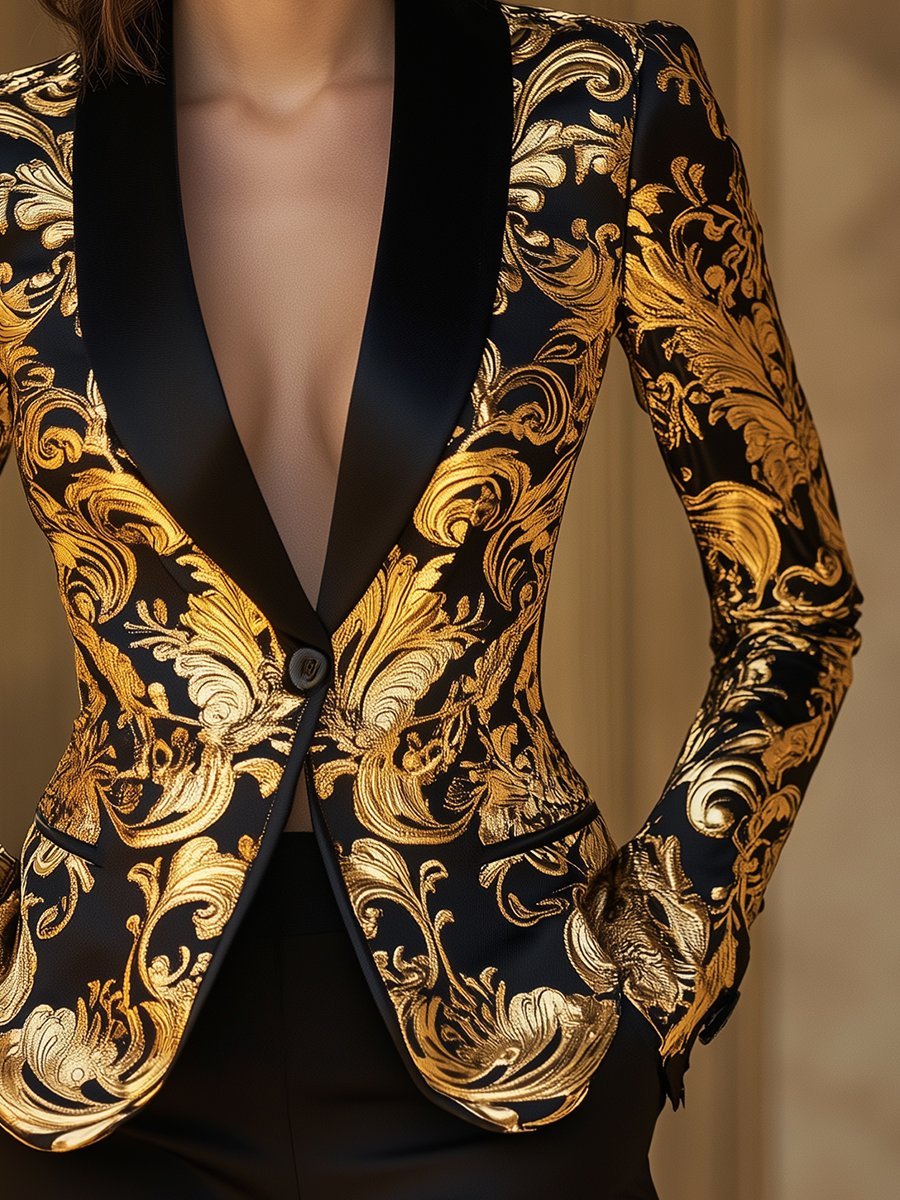 Elegant Black and Gold Floral Baroque Blazer
