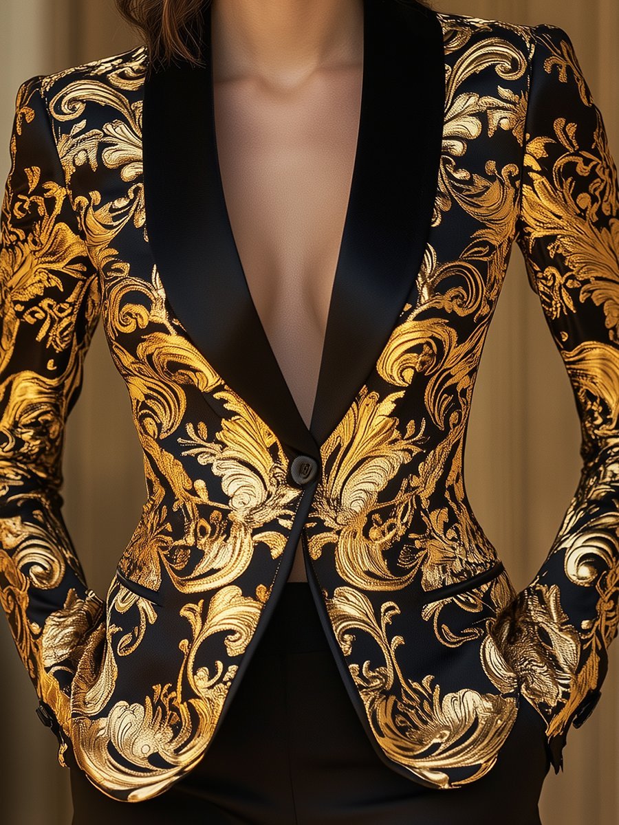 Elegant Black and Gold Floral Baroque Blazer