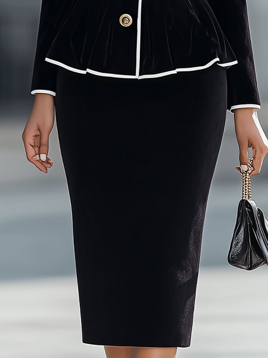 Elegant Black Velvet Peplum Jacket & Pencil Skirt Set