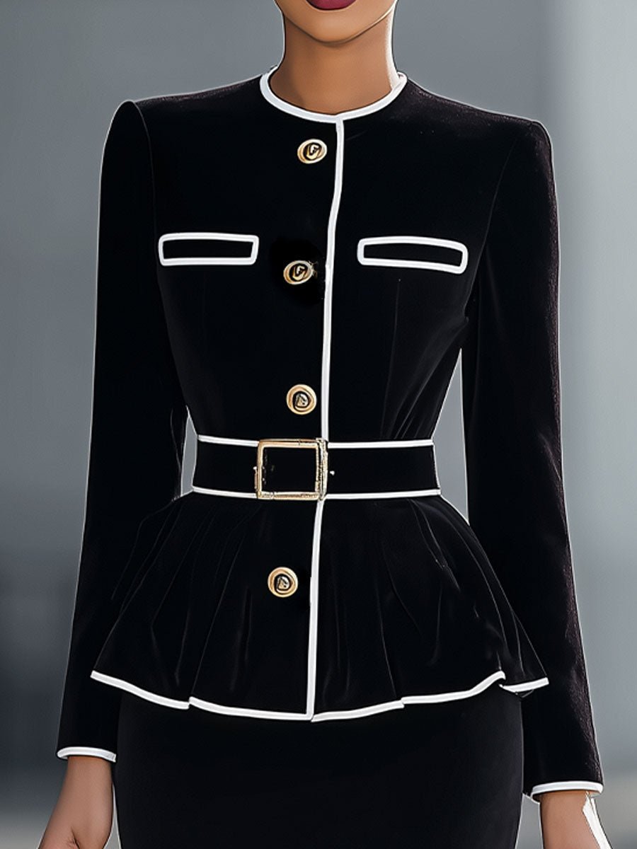 Elegant Black Velvet Peplum Jacket & Pencil Skirt Set