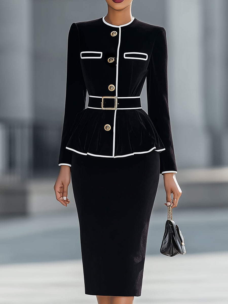 Elegant Black Velvet Peplum Jacket & Pencil Skirt Set