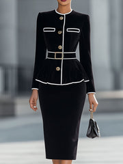 Elegant Black Velvet Peplum Jacket & Pencil Skirt Set