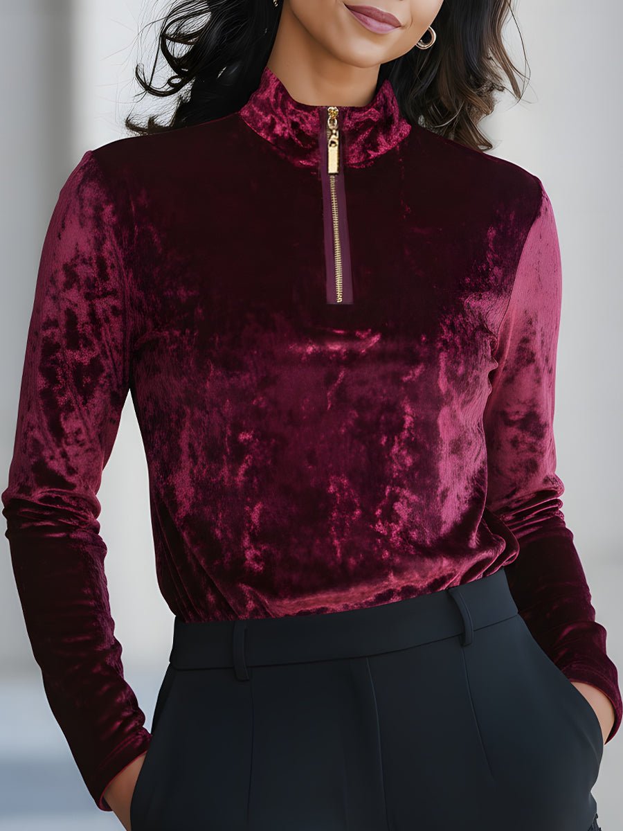 Elegant Velvet Zip-Front Turtleneck Top