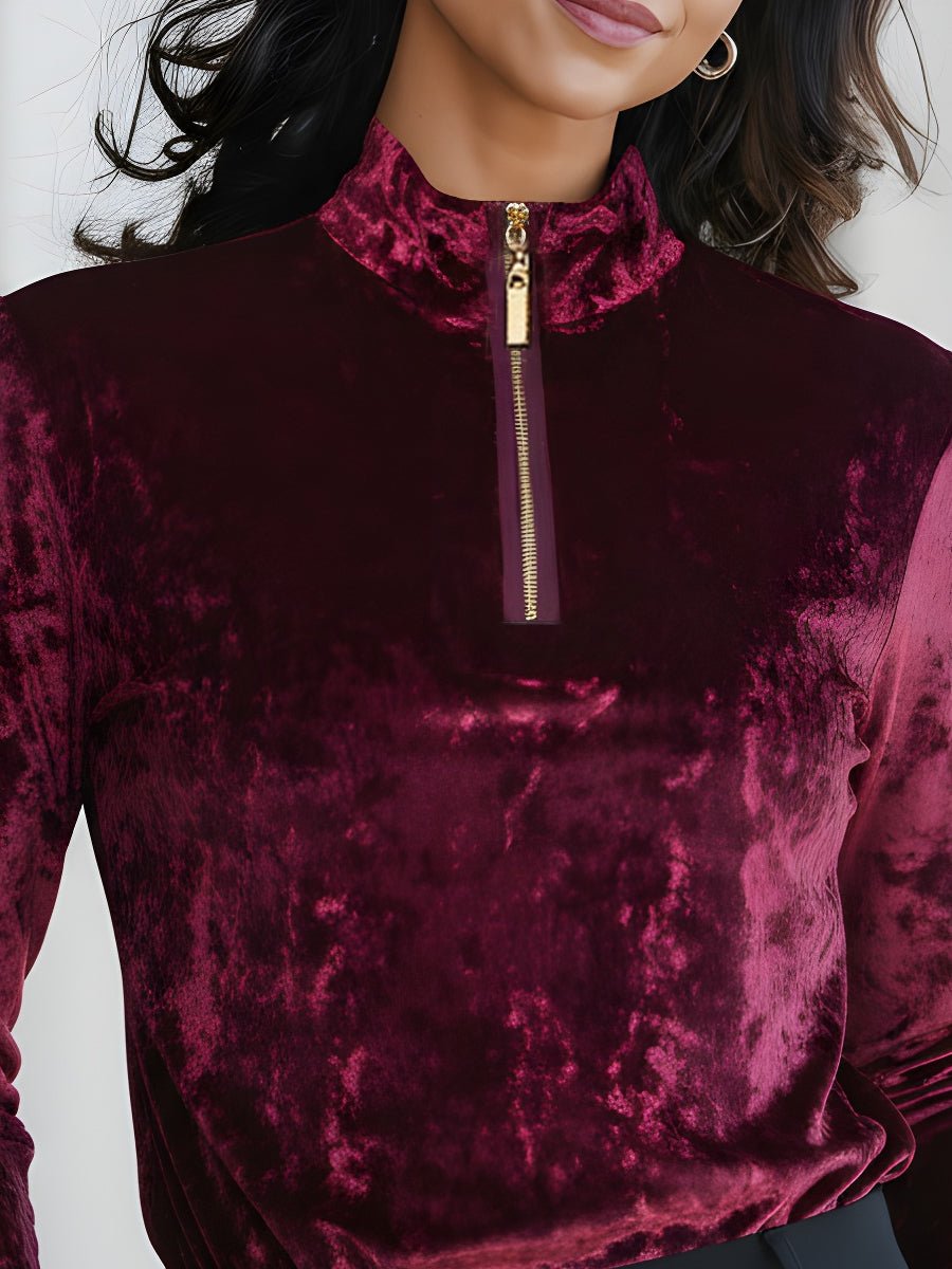 Elegant Velvet Zip-Front Turtleneck Top