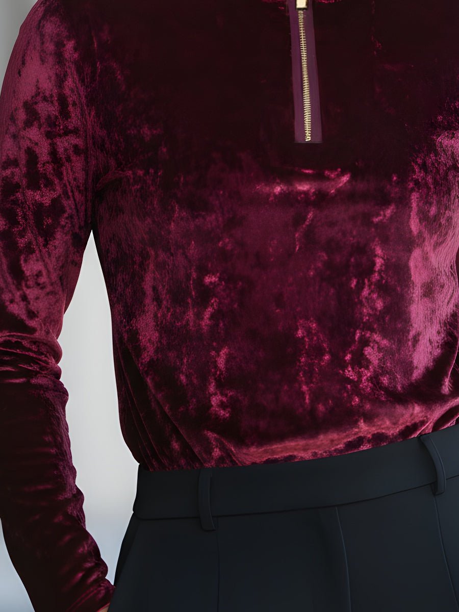 Elegant Velvet Zip-Front Turtleneck Top